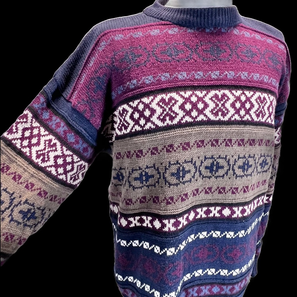VINTAGE Woods & Gray fair isle knit sweater abstract tribal art textured 3D mens